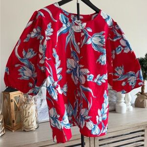 Karen Kane Red Floral Button-Front Blouse with Blue & White Blooms